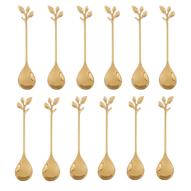 KUMOOM Gold Leaf Coffee Spoon Soup Spoons Sugar, Ice-Cream Tea Stirring 4.8 Inches Retro Dessert Demitasse Espresso Cutlery Kitchen Tableware-Set of 12 - Image 1